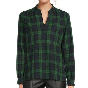 JMcLaughlin Green Navy Plaid Long Sleeve V Neck Tunic Shirt Women's XS Cotton